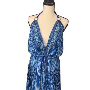 Boho Blue Paisley Print Halter Maxi Deep V Neck Resort Wear Dress OS